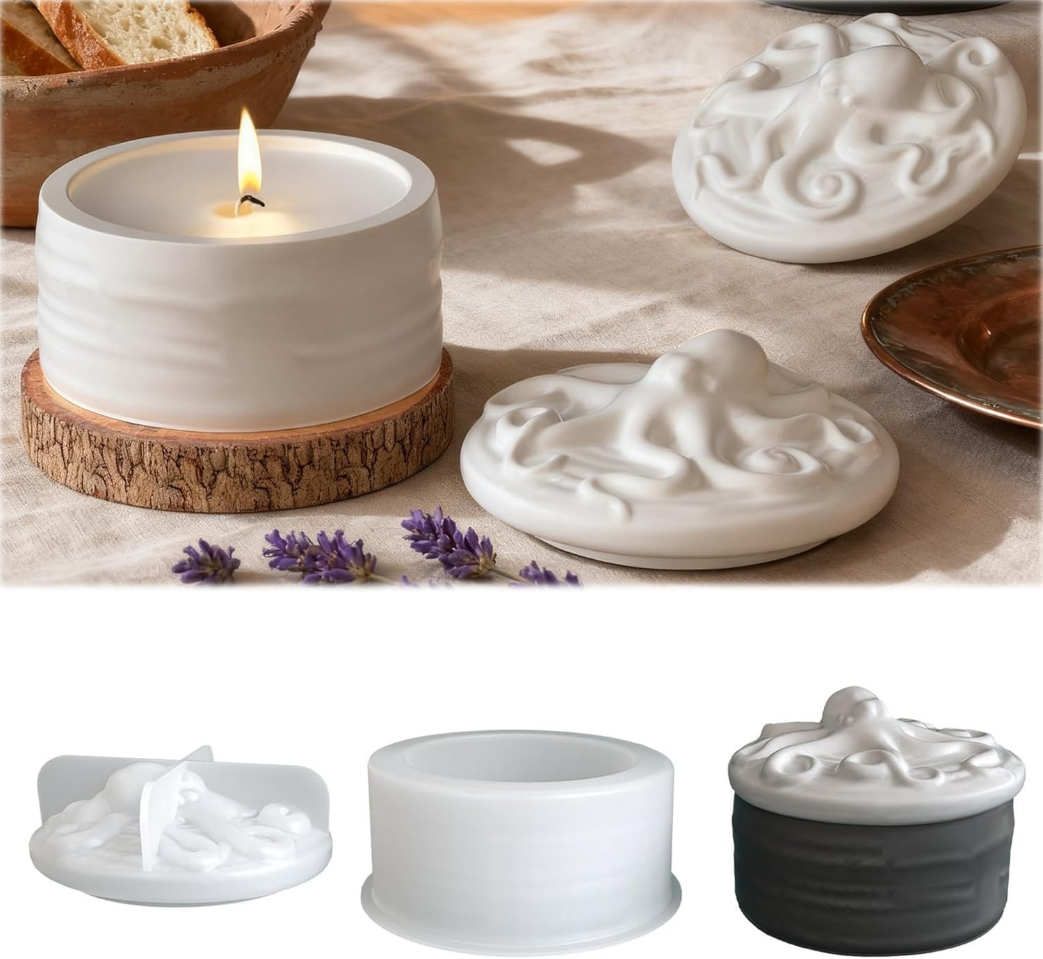 Resin Ocean Wave Mold - Oktopus-Deckel-Kerzenglas-Silikonform-Set, Wellenstruktur-Zylinder-Aufbewahrungsbox-Form mit 3D-Oktopus-Abdeckung, DIY-Beton-Zement-Harz-Kerzengefäß-Gießform, Halloween-Heimdekoration,