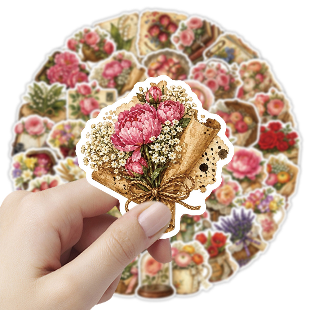 Dried Flower Bulk - 50 Stück Vintage Blumen-Aufkleber Retro Getrocknete